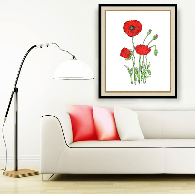 Red poppies watercolour painting framed in living room 