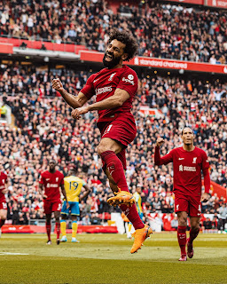 Mohamed Salah celebrates after scoring winner for Liverpool in the Premier League match against Nottingham Forest at Anfield on Saturday 22 April, 2023