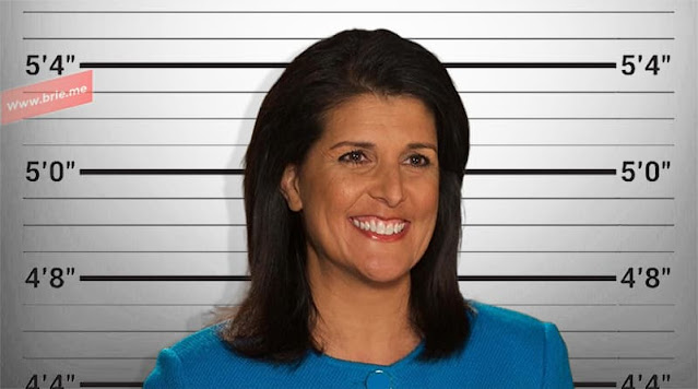 Nikki Haley posing in front of a height chart background