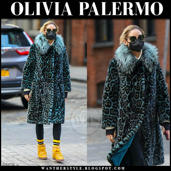 Olivia Palermo in green leopard fur coat and yellow ankle boots