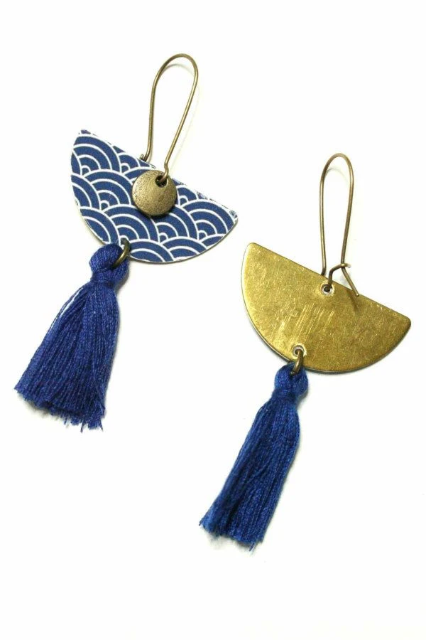 brass and blue patterned paper half disc tassel earrings