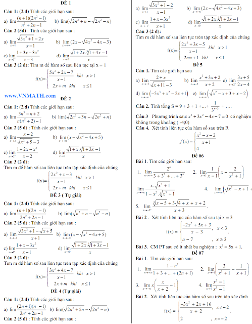 đề kiểm tra 1 tiết chương giới hạn, hàm số liên tục
