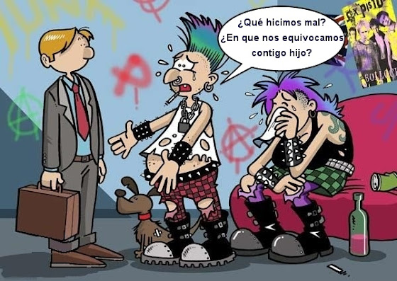 humor grafico. padres punkies desesperados con hijo progre