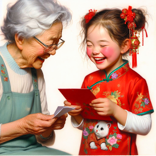 Girl shyly receiving red envelope from grandmother