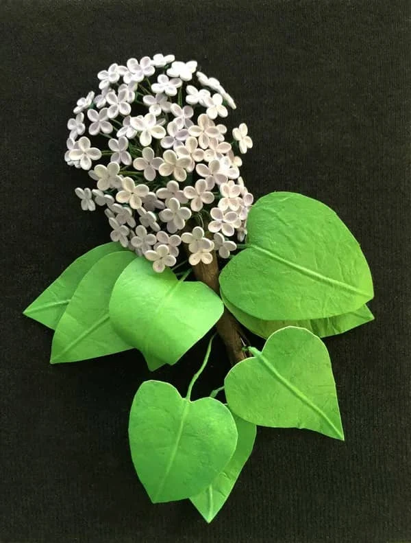 quilled white lilac with green paper foliage