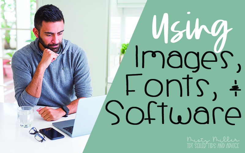 Using Software, Images, and Fonts in TPT Products; man sitting with laptop thinking