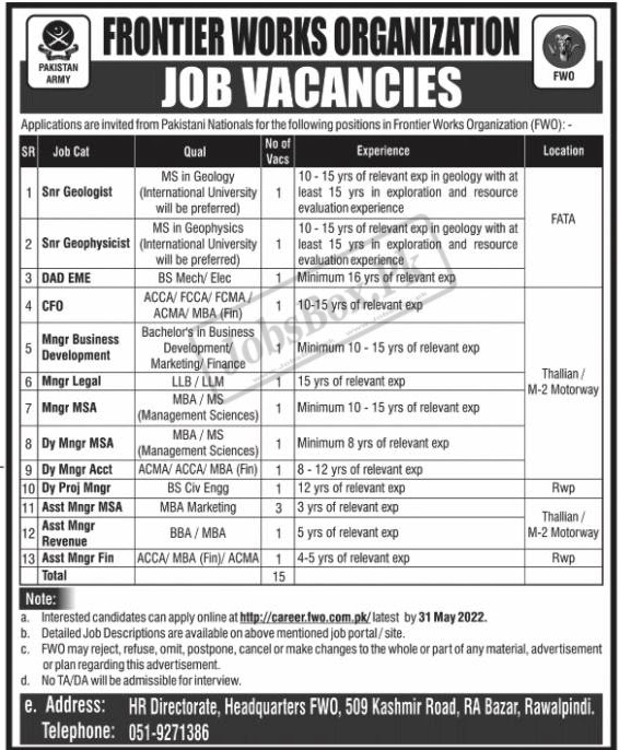 FWO Job Portal - FWO Jobs 2022 - fwo.com.pk Online Apply - FWO Careers - Frontier Works Organization Jobs 2022