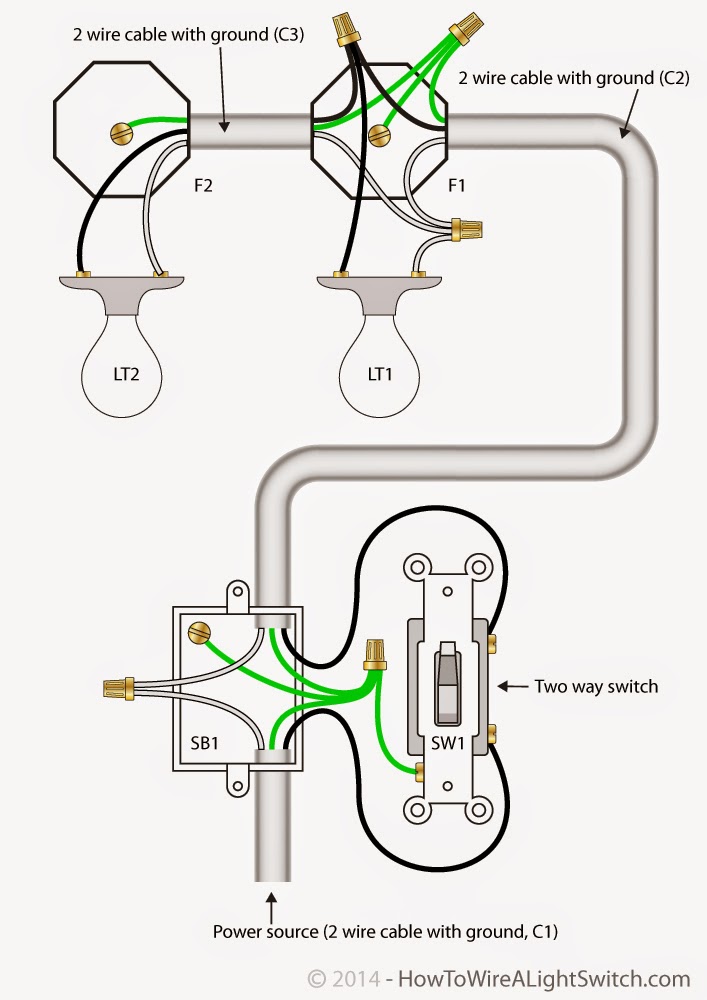 Electrical Engineering World: 2 Way Light Switch with Power Feed via Switch (two lights)