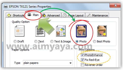  Gambar: Contoh cara mengatur properties / setting printer Epson TX121 agar mendapatkan kualitas print yang lebih baik