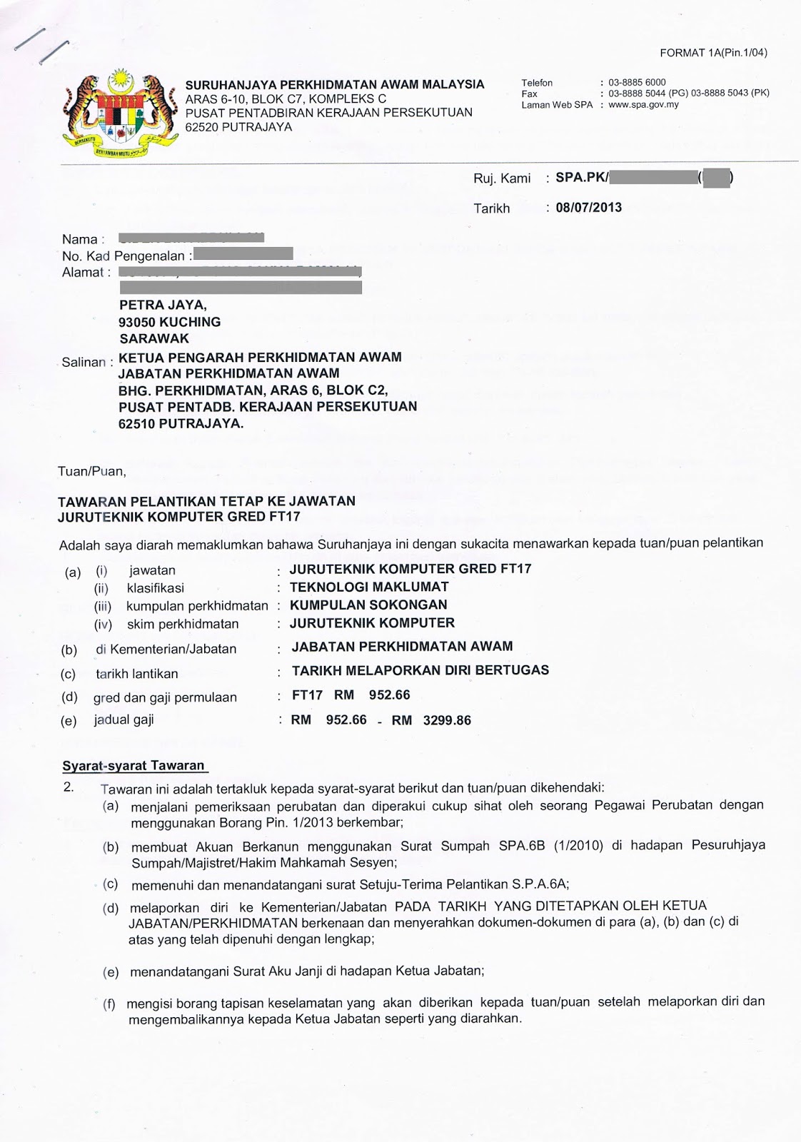 Sarawak Sidek: Surat tawaran SPA & JPA : Juruteknik ...