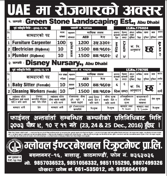 Jobs in UAE Abu Dhabi for Nepali, Salary Rs 44,160