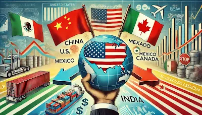 Illustration of global trade dynamics showing U.S. tariffs on China, Mexico, and Canada, with India highlighted separately amid shipping and trade symbols