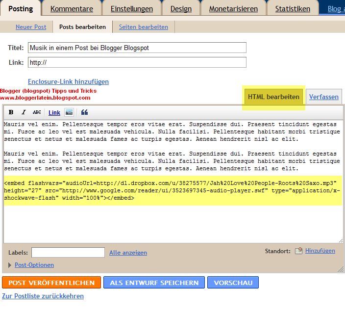 Musik in einem Blogger Blogspot Post. Mp3 Player in einem Blogger Blogspot Post.