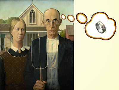 Farm couple, man has thought balloon showing wedding ring