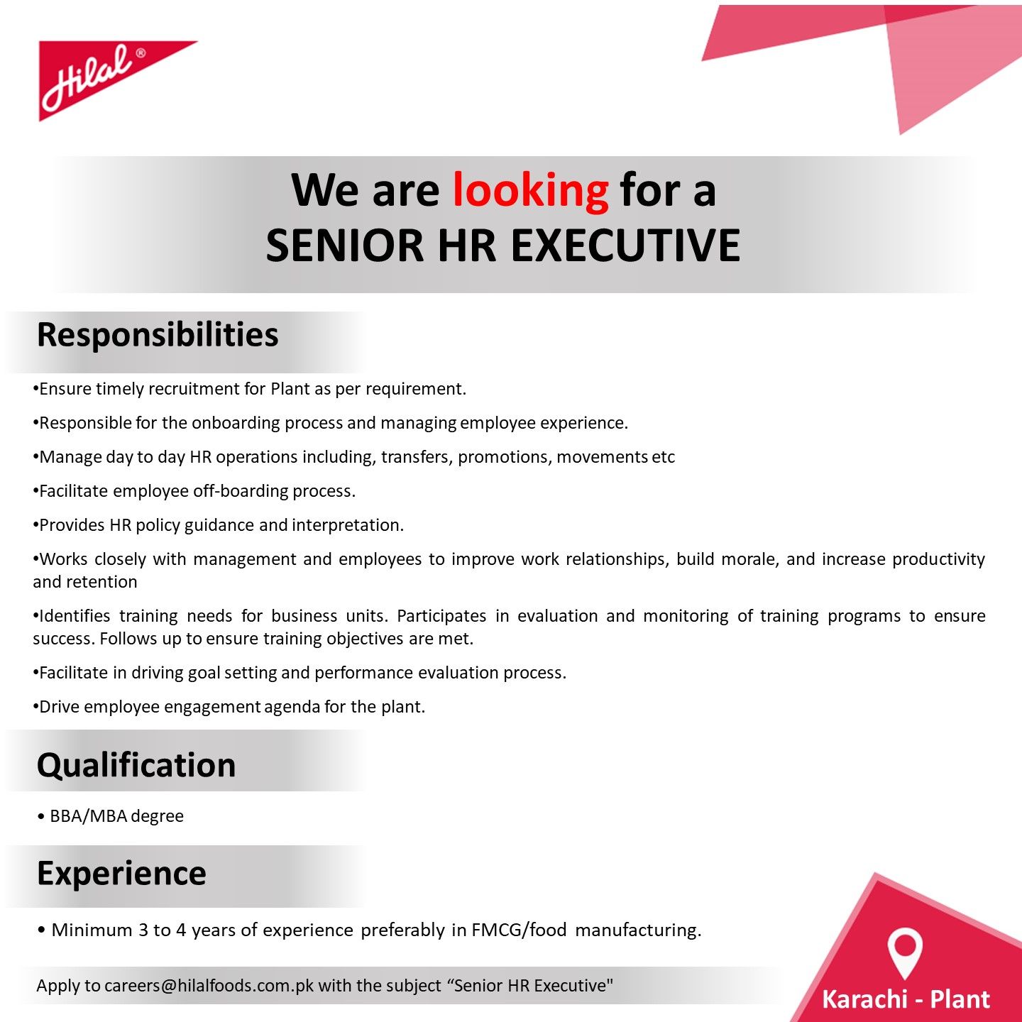 Hilal Foods (Pvt) Ltd. is looking for a Senior HR Executive