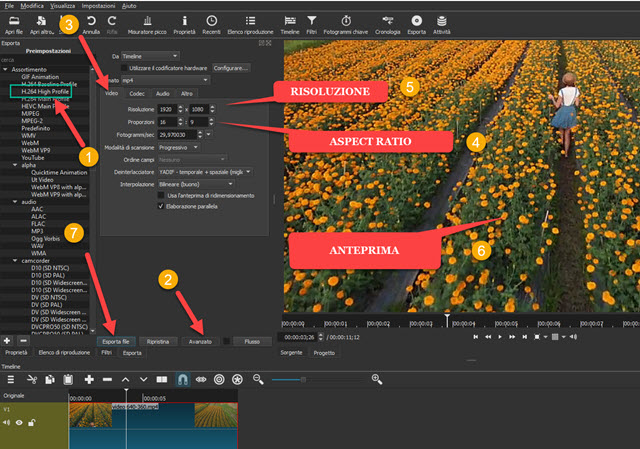 impostare i parametri di uscita del file video in shotcut