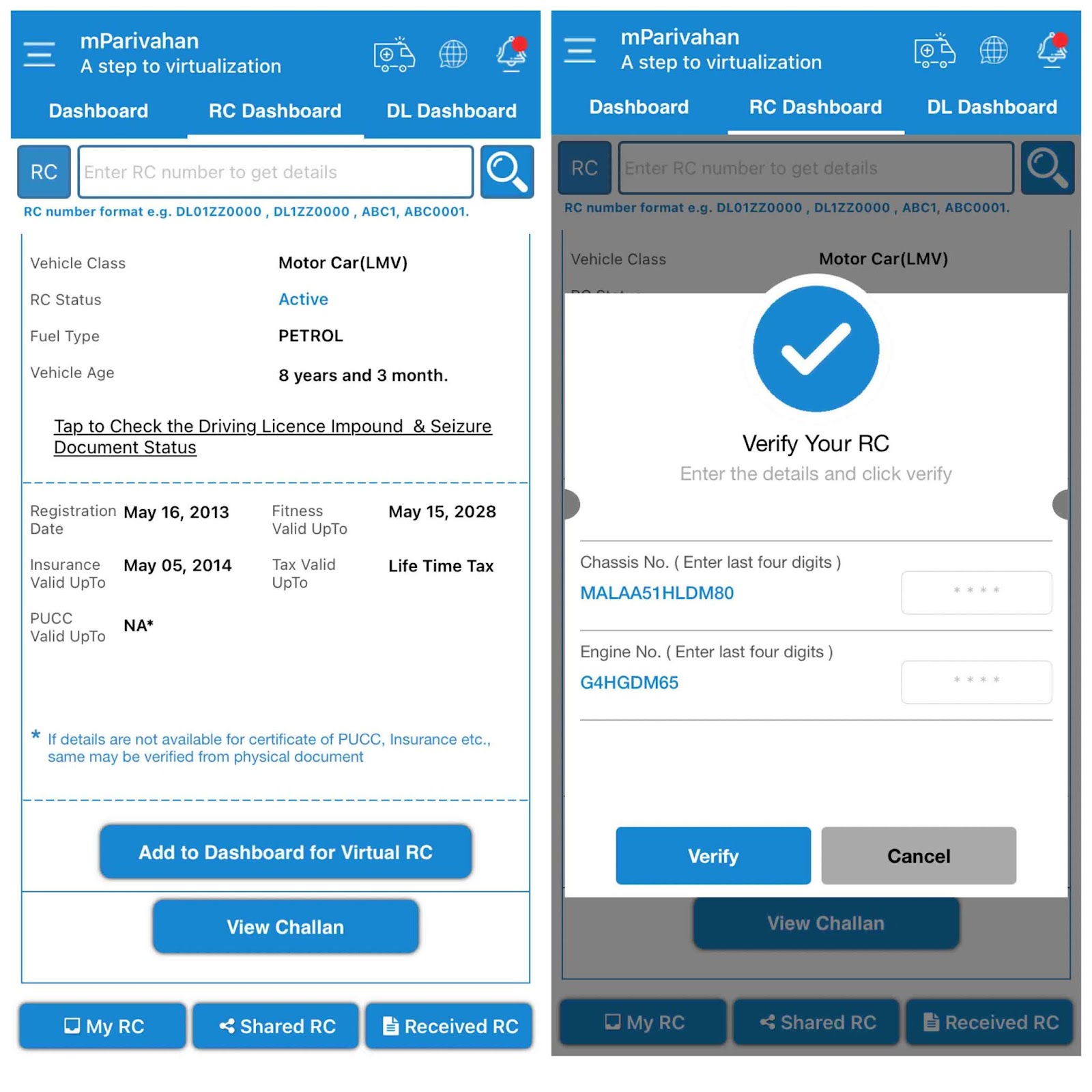 Add virtual RC to dashboard on mParivahan app