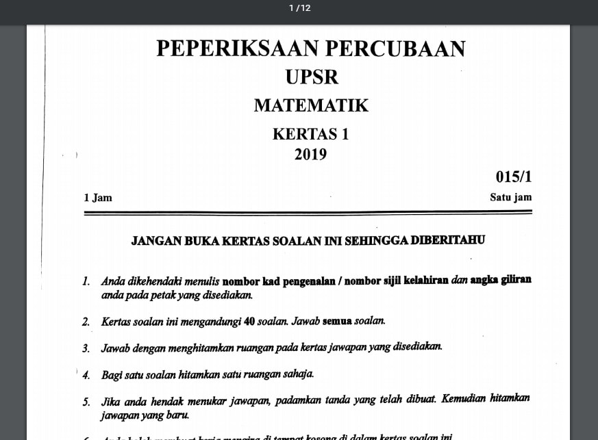 Soalan Percubaan Matematik UPSR 2019 + Tips Skor Math UPSR