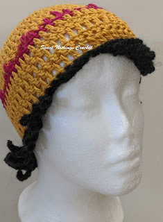 Sweet Nothings Crochet free crochet pattern blog, free crochet pattern for a chemo cap, photo of the cap with spike stitch,