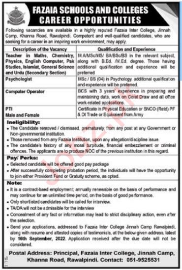 Latest Fazaia Schools and Colleges Teaching Posts Rawalpindi 2022