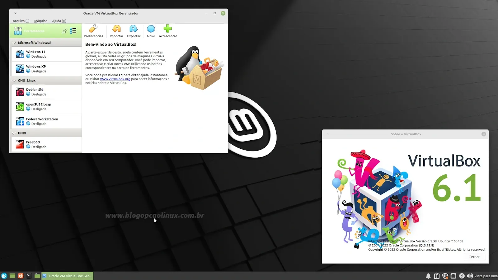 Oracle VM VirtualBox (instalado via repositório do Linux Mint/Ubuntu) executando no Linux Mint 21.1 'Vera'