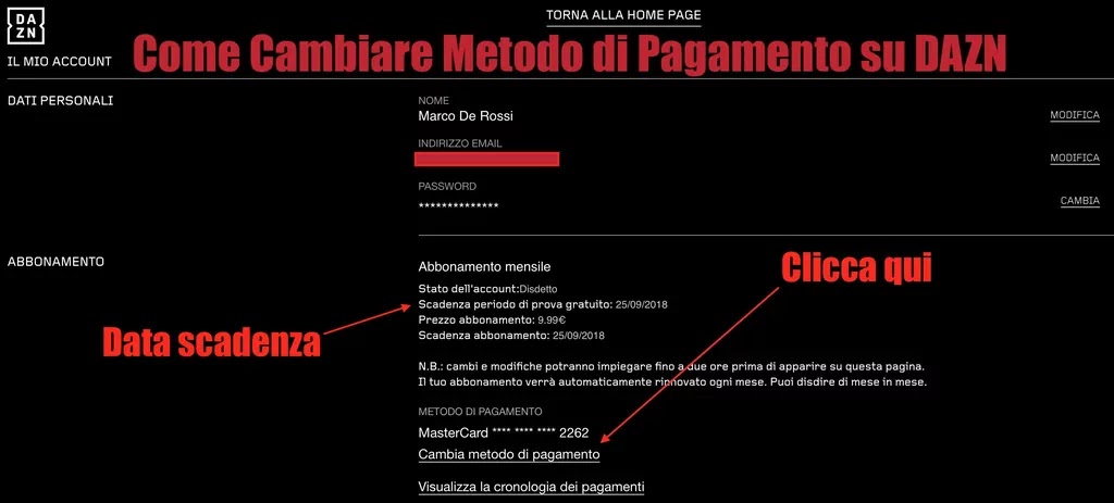 come cambiare modalità di pagamento su DAZN