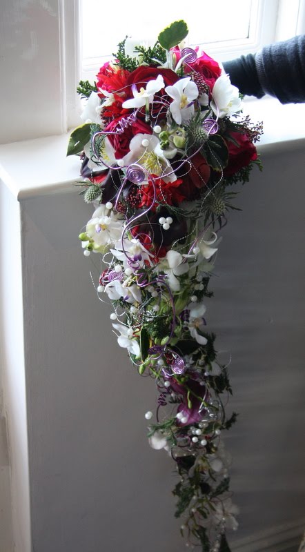 Fabulous Filigree Cascade Wedding Bouquet in Ivory Raspberry
