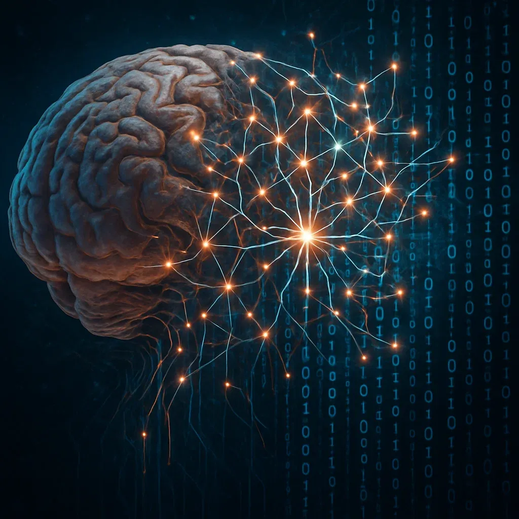 Representación artística de la convergencia entre un cerebro humano y circuitos de inteligencia artificial.