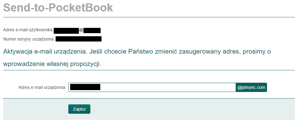 Ustawianie adresu e-mail czytnika w usłudze Send-to-PocketBook