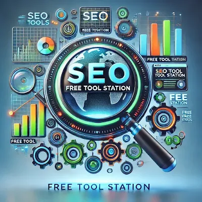 A sleek design featuring interconnected icons of a magnifying glass, bar graph, globe, and gear, symbolizing Free SEO Tool Station's focus on search, analytics, global reach, and optimization, with vibrant green and blue tones on a tech-inspired background.