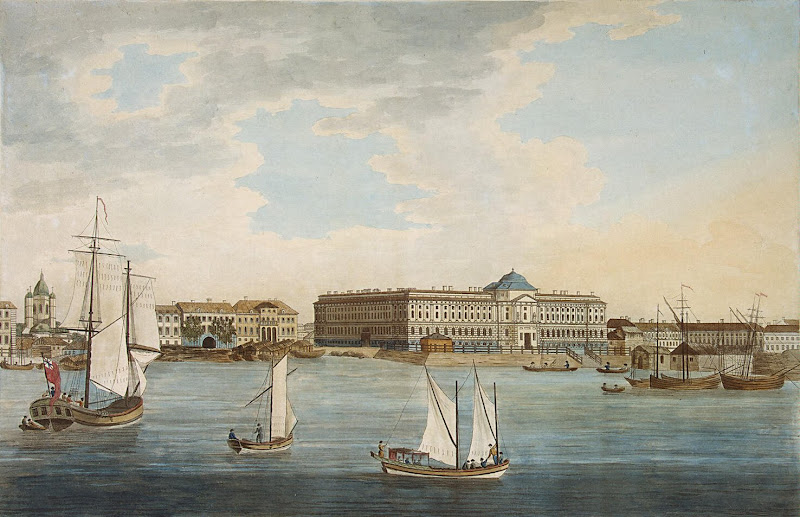 Embankment near the Academy of Arts, Vasilyevsky Island. View from the Neva River (Watercolour & Aquatint, 1789 - Architecture, Cityscape, Landscape) by Thomas Malton