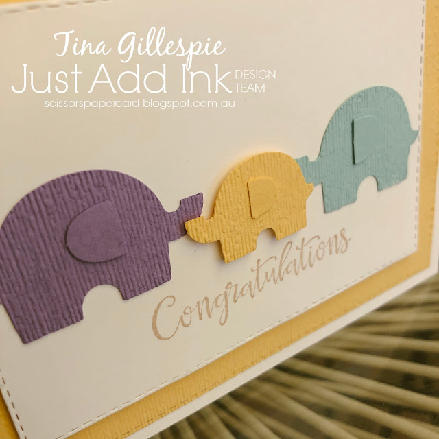 scissorspapercard, Stampin' Up!, Just Add Ink, Peaceful Moments, Subtle 3DEF, Stitched Rectangles Dies, Elephant Builder Punch, Baby Card