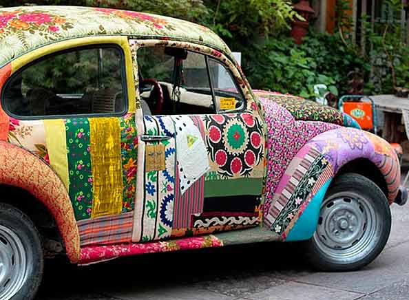 A classic Volkswagen Beetle covered in reclaimed vintage fabrics was quite