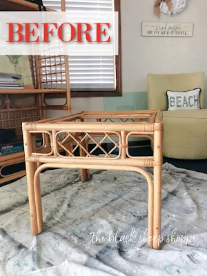 Rattan end table before painting.