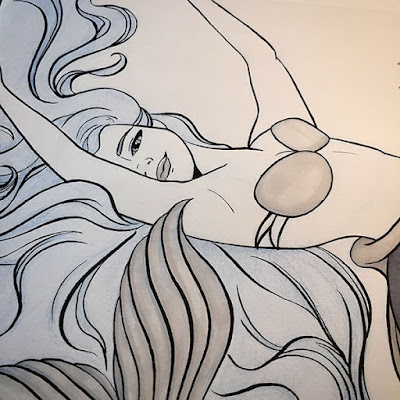 Ink drawing of a mermaid swimming in circles