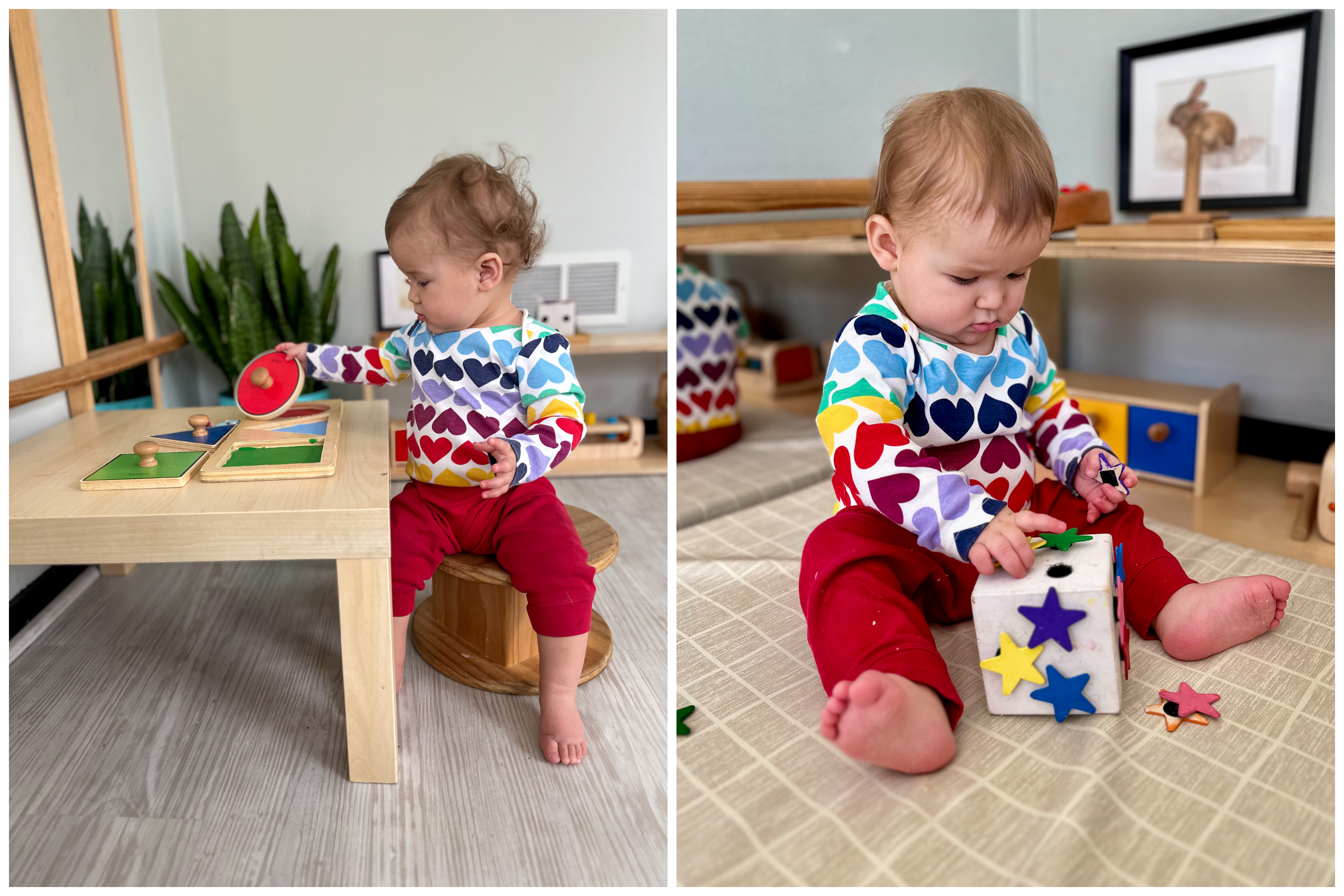 Young Montessori toddler sits and works on two types of Montessori toys - a puzzle and a velcro block