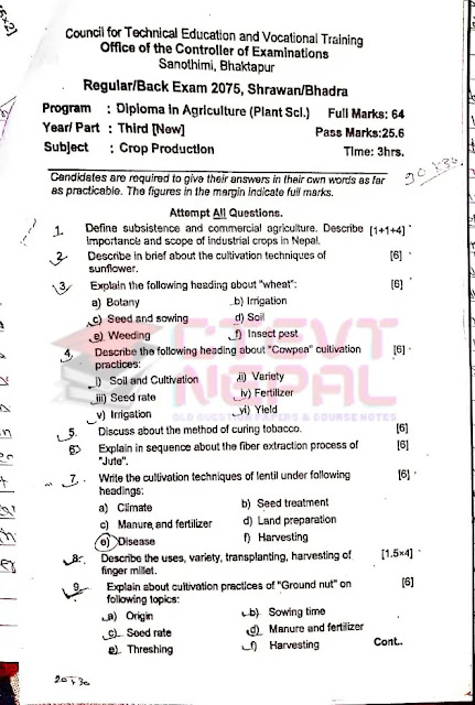 Crop Production - 3rd Year Question Papers CTEVT | Diploma in Agriculture (Animal / Plant Science)