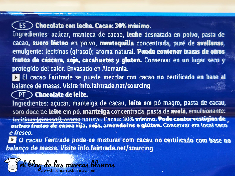 Ingredientes del Chocolate con leche FIN CARRÉ (100 grs) (Lidl) en El Blog de las Marcas Blancas