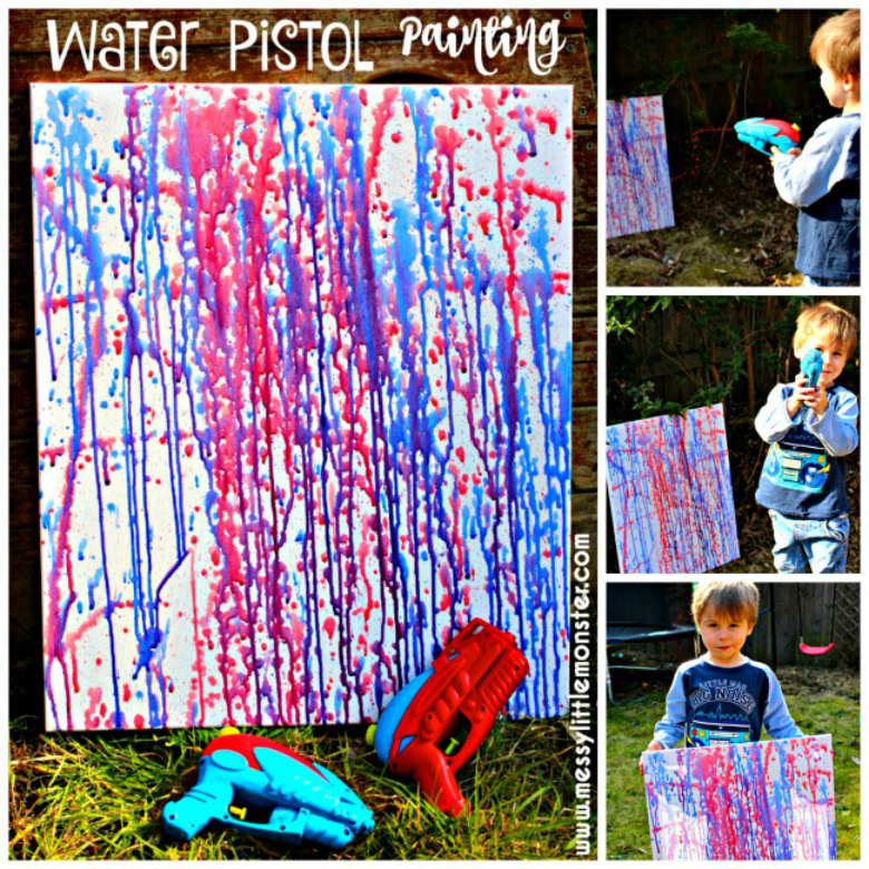 Water Pistol painting - Easy Outdoor Art Ideas for Kids - large scale, messy, nature inspired art activities for toddlers, preschoolers and school aged kids to do outside.