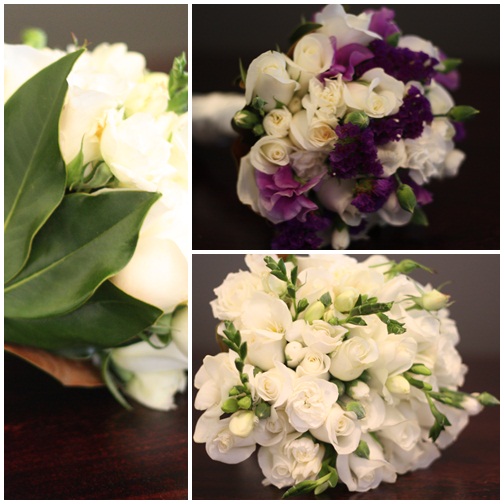 Brides Bouquet in white and Bridesmaids in purple and white