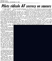 Newspaper article provided by www.theufochronicles.com entitled, Pilots Ridicule AF Secrecy on Saucers