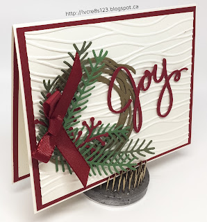 Linda Vich Creates: Sheltering Tree and a Joyful Wreath. A lovely Christmas card filled with texture from both Pretty Pines Thinlits and the Seaside Embossing Folder.