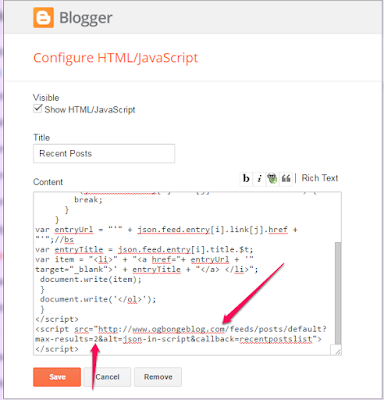 blogger recent posts widget code javascript
