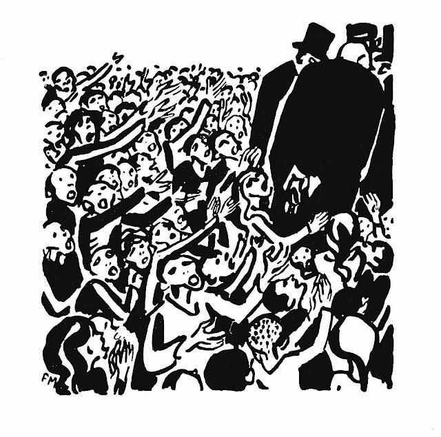 a Frans Masereel wood cut print of wartime politicians turning their backs on a pleading public