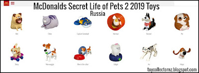 McDonalds Secret Life of Pets 2 Toys 2019 Russia Promotion 12 toy set includes Mel (push and roll version), Chloe, Captain Snowball, Norman, Rooster, Daisy, Max Waggle, Max with Collar, Gidget, Tiny (Klepa), Tiger Leap Hu (Ho) and Pickles (Pie)