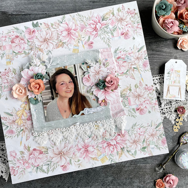 Scrapbook layout created with: P13 let your creativity bloom paper, chipboard; Prima indigo flowers; Pinkfresh jewels