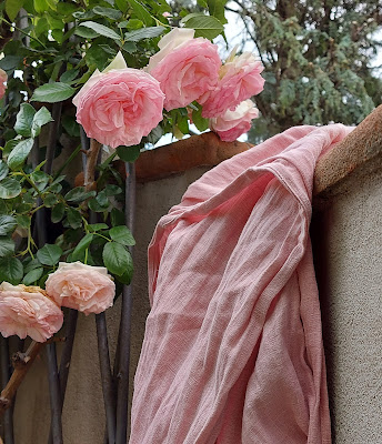 Una fascia porta bebè rosa in mezzo alle rose