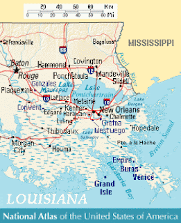 Barataria Bay [lower right] is a bay of the Gulf of Mexico that is located between Empire and Grand Isle, Louisiana [enlarge].