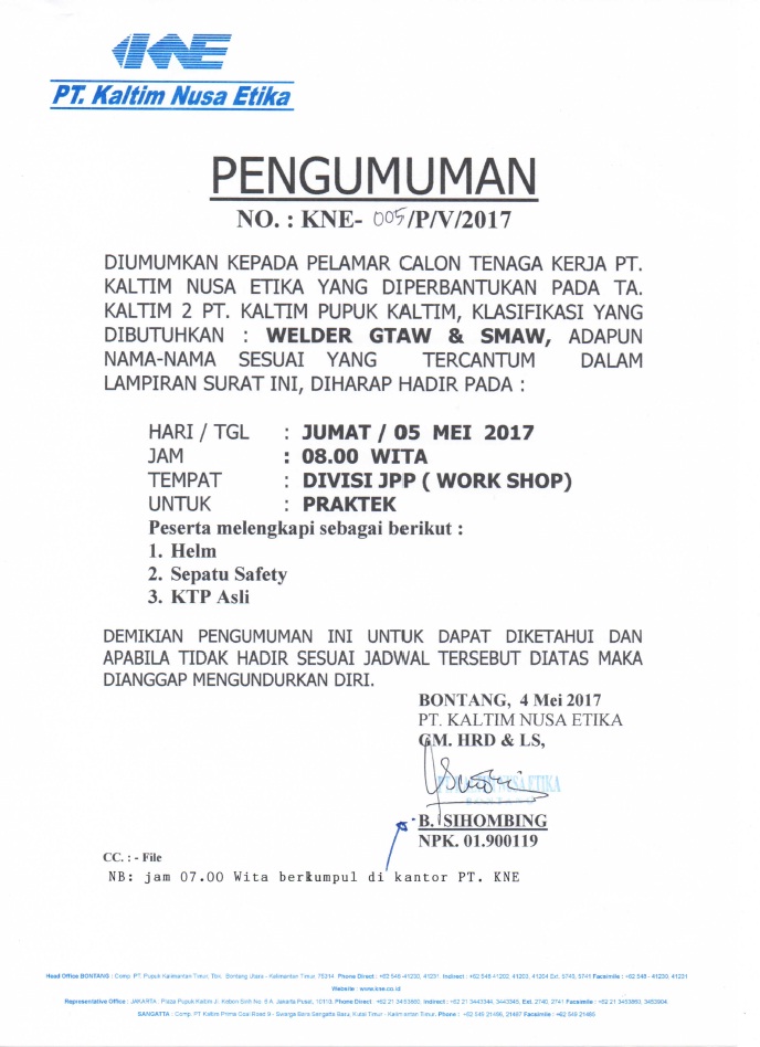 Lowongan Kerja Bontang : SELEKSI PT.KNE POSISI WELDER ( TA 