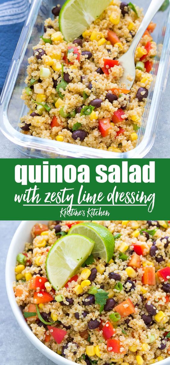 Southwest quinoa salad with black beans and zesty lime dressing. This healthy cold quinoa salad is perfect for meal prep! One of my favorite quick and easy lunch recipes. #quinoasalad #mealprep